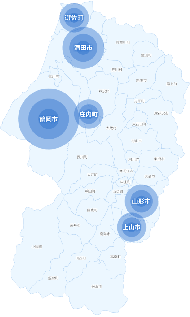海人ぬ宝の配送対応エリア図。酒田市、山形市、鶴岡市、上山市、遊佐町、庄内町を中心に対応。